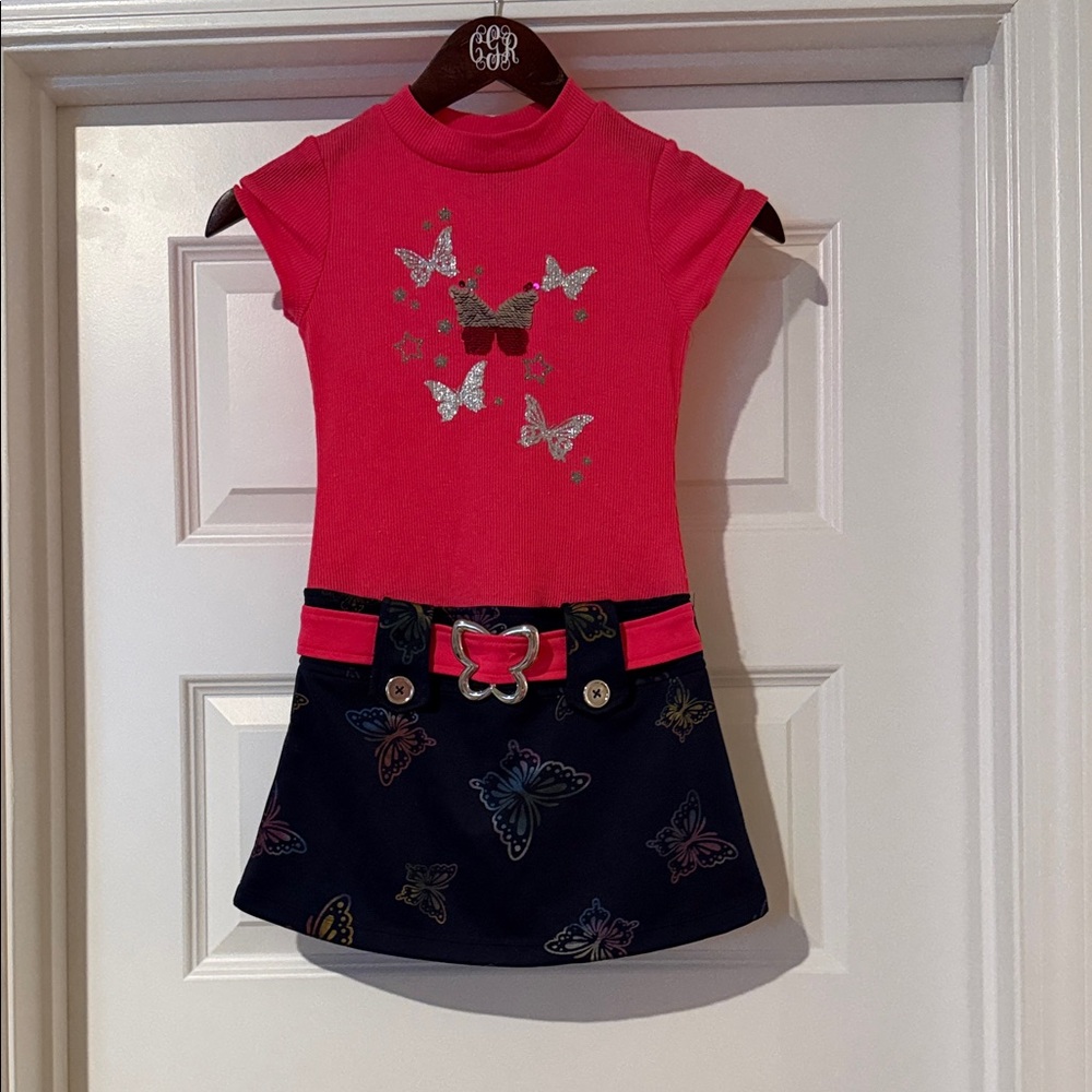 Pink and Navy Sequin Sparkle Butterfly Dress with attached belt